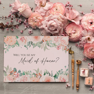 Blush Floral Pink Wedding Maid of Honor proposal Kaart