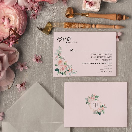 Blush Floral Pink Wedding Menu RSVP-kaart