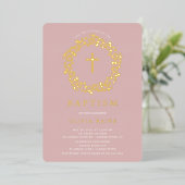 Blush Floral Premier Baptême Foil Invitation (Debout devant)