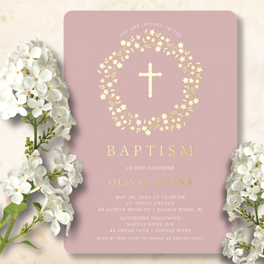 Blush Floral Premier Baptême Foil Invitation