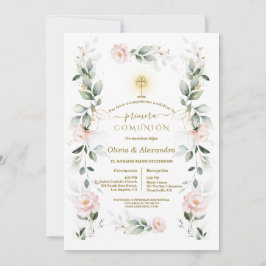 Blush Floral Primera Comunión Twins Holy Communion Kaart