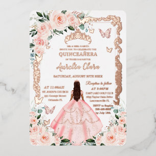 Blush Floral Quinceañera Princess Dress Roos Goud Folie Uitnodiging