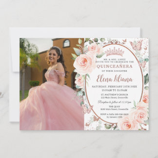 Blush Floral Roos Gold Butterflies Quinceañera Kaart