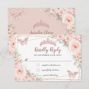 Blush Floral Roos Gold Butterfly Quinceañera Reply RSVP Kaartje
