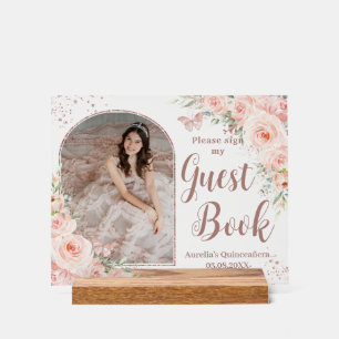 Blush Floral Rose Gold Quinceanera 16 Livre d'hôte