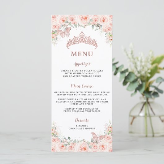 Blush Floral Rose Gold Quinceanera Menu Anniversai (Debout devant)
