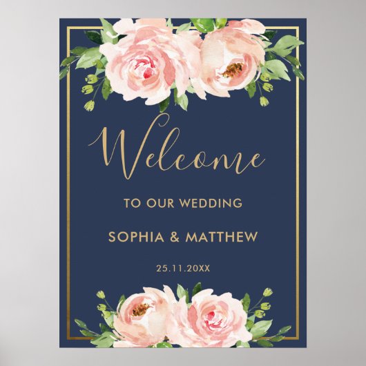 Blush Floral Rose Marine Mariage or Affiche de bie (Devant)
