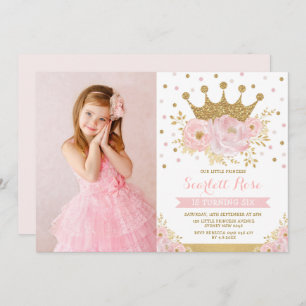 Blush Floral Royal Crown Princess Birthday Party Kaart