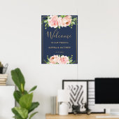 Blush Floral Rozen Navy Gold Wedding Welcome Sign Poster (Thuiskantoor)