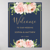 Blush Floral Rozen Navy Gold Wedding Welcome Sign Poster (Voorkant)