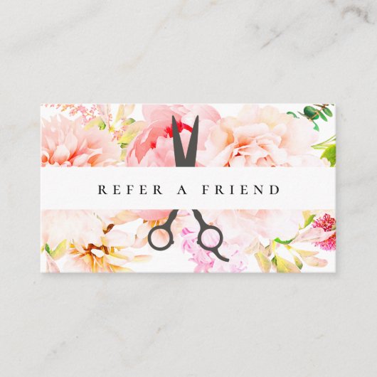 Blush Floral Salon Scissors Logo Verwijs een vrien Visitekaartje (Voorkant)