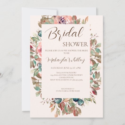 Blush Floral Sand Bridal Shower Uitnodiging (Voorkant)