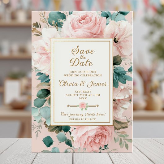 Blush floral save the date kaart
