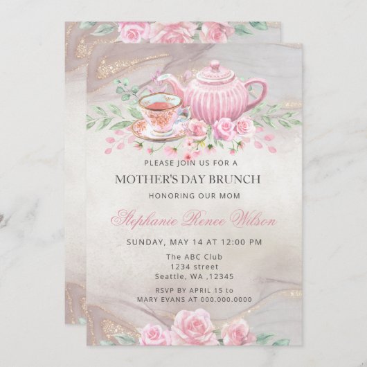 Blush Floral Tea Party Moederdag Brunch Kaart (Voorkant / Achterkant)