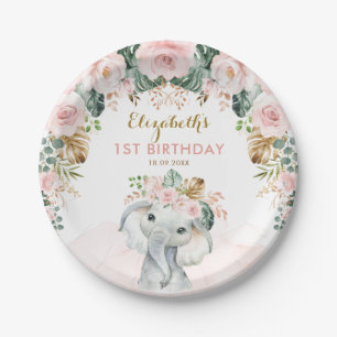 Blush Floral Tropical Boho Elephant Birthday Girl Papieren Bordje