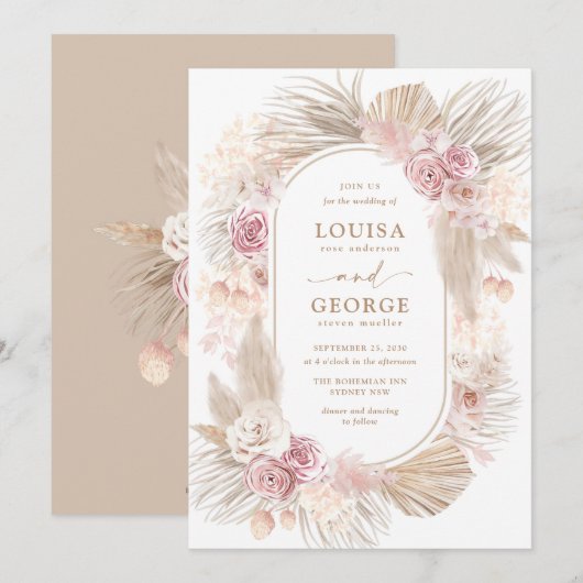 Blush Floral Tropical Boho Pampas Grass Wedding Kaart (Voorkant / Achterkant)