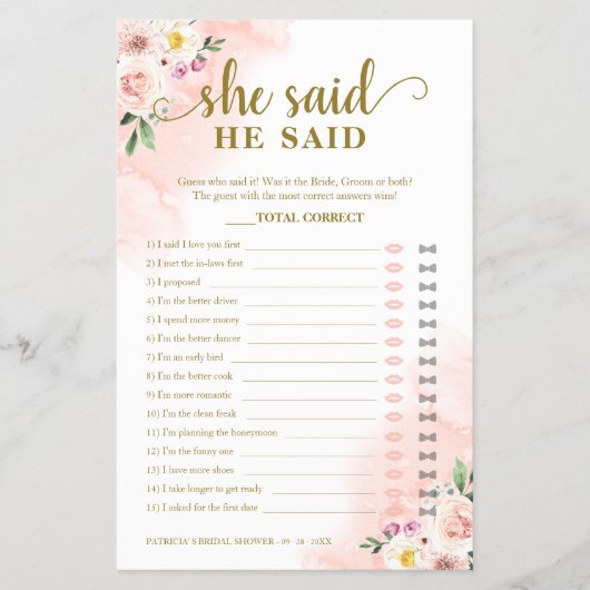 Blush Floral Vrijgezellenfeest Hij zei dat ze Game Flyer (Voorkant)