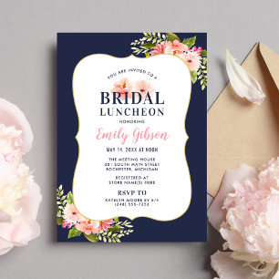 Blush Floral Waterverf Navy Bridal Luncheon Kaart