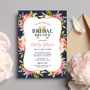 Blush Floral Waterverf Navy Wedding Bridal Brunch Kaart