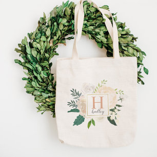 Blush Floral Waterverf Wedding Bridesmaid Initiaal Tote Bag