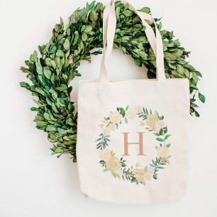 Blush Floral Waterverf Wreator Bridesmaid Initiaal Tote Bag