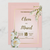 Blush Floral Wedding Invitation with Gold Frame (Devant / Derrière)
