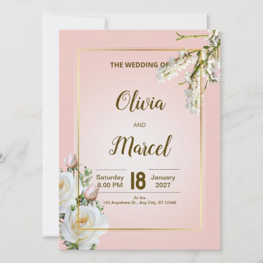 Blush Floral Wedding Invitation with Gold Frame (Devant)