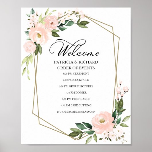 Blush Floral Wedding Order of Event Sign Poster (Voorkant)