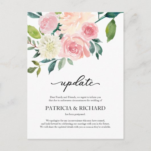 Blush Floral Wedding Postponement Update Briefkaart (Voorkant)