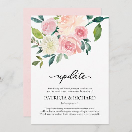 Blush Floral Wedding Postponement Update Kaart (Voorkant / Achterkant)