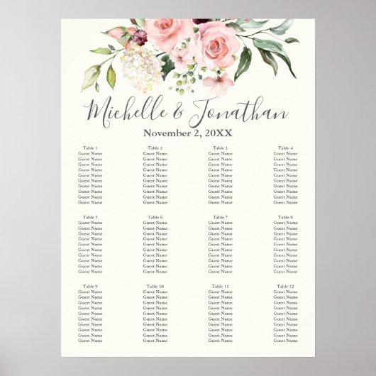 Blush Floral Wedding Seating Chart – Table Plan Poster (Voorkant)