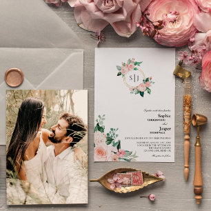 Blush Floral White Monogram Foto bruiloft Kaart