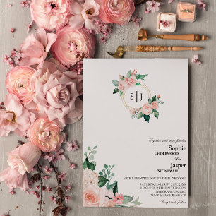 Blush Floral White Monogram Weddenschap Kaart