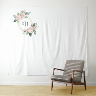 Blush Floral White Monogram Weduwfoto Achtergrond Wandkleed