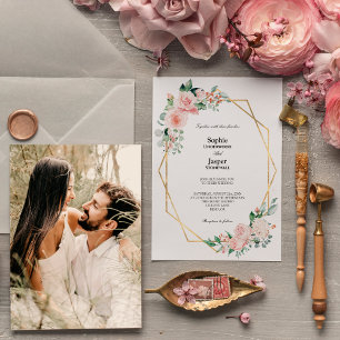 Blush Floral White Simple Photo Wedding Kaart
