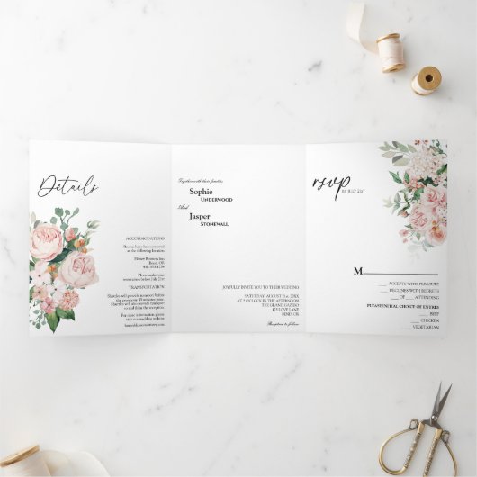Blush Floral White Tri-Fold Wedding Invitation Drieluik Uitnodiging (Binnen)