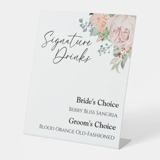Blush Floral White Wedding Signature Drink Sign Reclamebord Met Voetstuk (Voorkant)