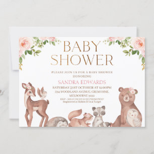 Blush Floral Woodland Animals Baby shower Kaart