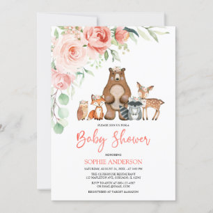 Blush Floral Woodland Animals Girl Baby shower Kaart