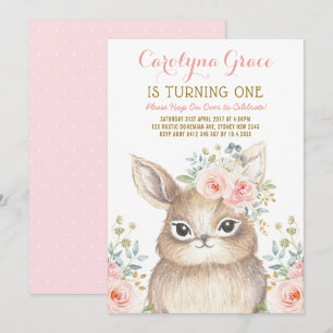 Blush Floral Woodland Bunny Rabbit 1st Birthday Kaart