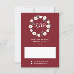 Blush Floral Wreath Burgundy Wedding RSVP Kaartje