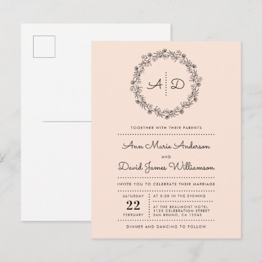 Blush | Floral Wreath Wedding Uitnodiging Briefkaart (Voorkant / Achterkant)