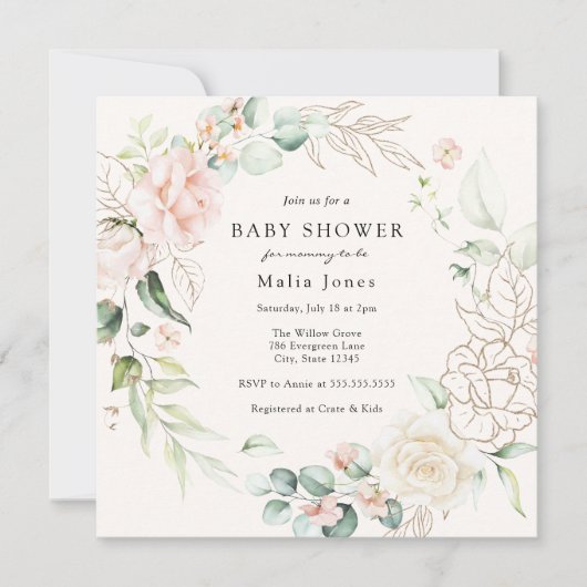 Blush Florals and Greenery Baby shower Invitation Kaart (Voorkant)