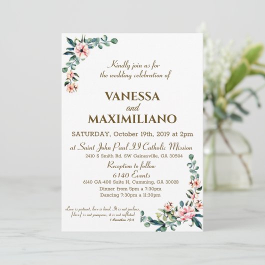 Blush Florals bruiloft uitnodiging Engelse versie (Staand voorkant)