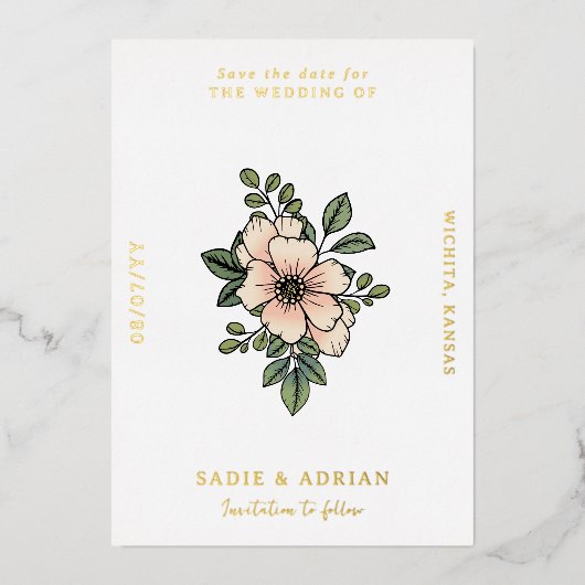 Blush Florals Sparen de Datum Folie Uitnodiging (Voorkant)