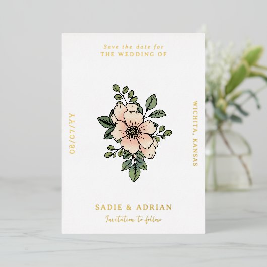  Blush Florals Sparen de Datum Folie Uitnodiging (Staand Voorkant)