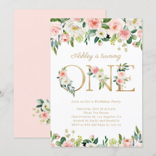 Blush Flowers Gold ONE Floral First Birthday Kaart