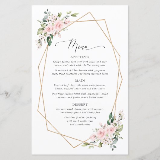 Blush Flowers, Pink Flowers, Boho, Wedding Menu (Devant)