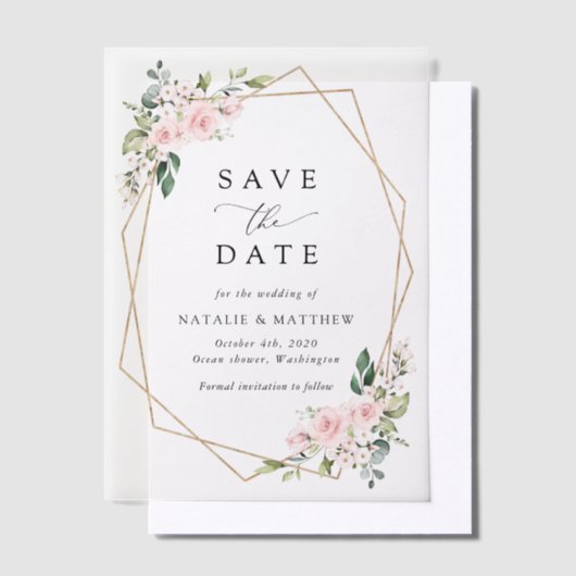 Blush Flowers, roze bloemen, Boho, sparen de datum Vellum Uitnodigingen (Offset)