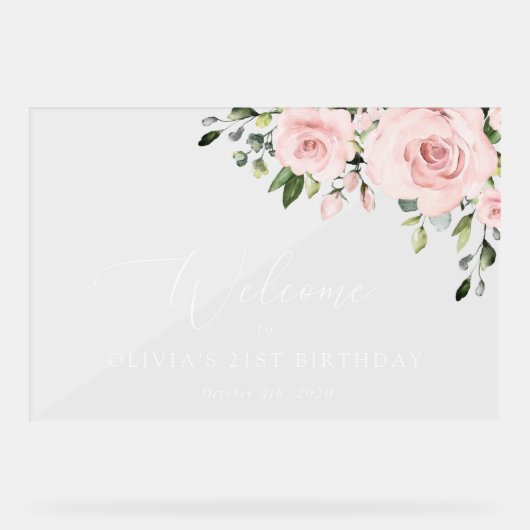 Blush Flowers, Roze Flowers, Birthday Welcome Acryl Bord (Voorkant)